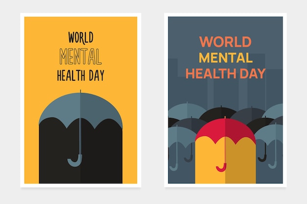 Vetor os guarda-chuvas são como as pessoas cartões de saudação do dia mundial da saúde mental antes e depois do tratamento