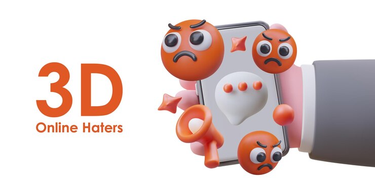 Vetor os haters online em 3d segurando um smartphone com emoticons vermelhos furiosos