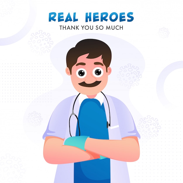 Os heróis reais agradecem-lhe tanto texto com doutor dos desenhos animados character no fundo do branco de sars e de mers vírus.