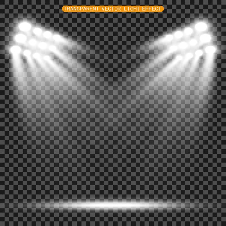 Vetor os holofotes do estádio iluminam brilhantemente jogos de esportes noturnos ou noturnos, shows, shows e eventos. isolado em um fundo transparente. arenas de luzes brilhantes. luzes brilhantes. cena iluminada.