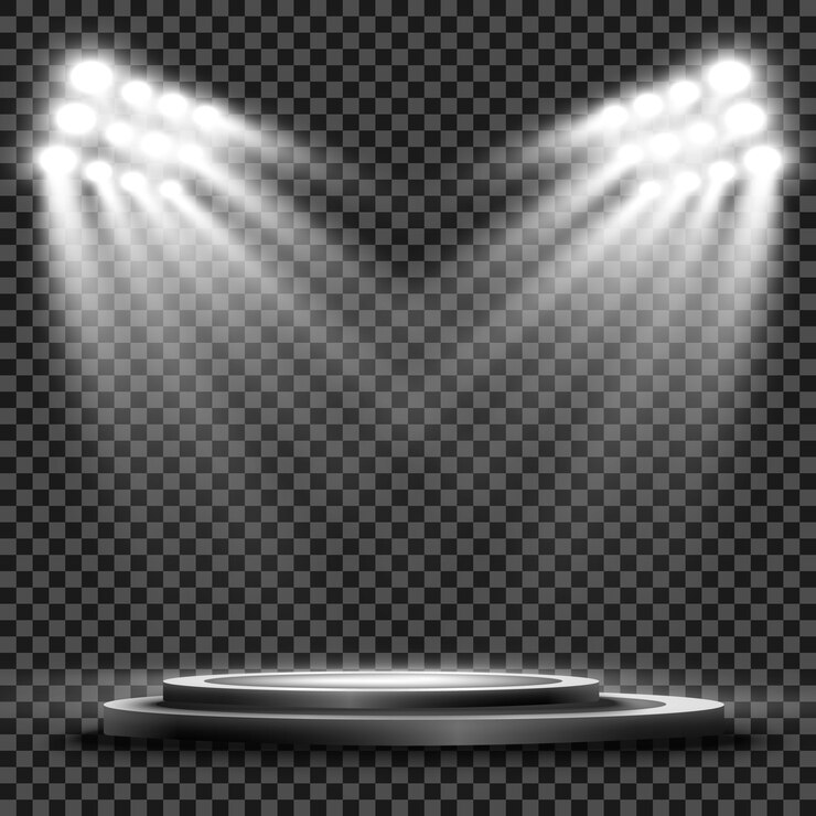 Os holofotes do estádio iluminam intensamente os jogos esportivos noturnos ou noturnos, concertos, shows e eventos. Isolado em um fundo transparente. Arenas de holofotes brilhantes. Luzes brilhantes. Cena iluminada.
