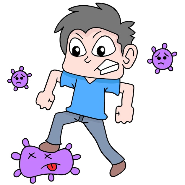 Os humanos estão lutando e derrotando o vírus do mal, arte de ilustração vetorial. imagem de ícone do doodle kawaii.