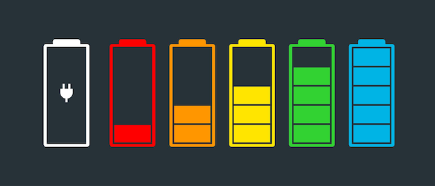 Os ícones do indicador de carga da bateria definem o nível de carga potência total de baixo para alto e dispositivo de tomada elétrica