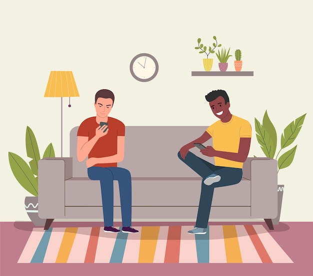 Os jovens estão sentados no sofá com smartphones. Ilustração em vetor estilo cartoon plana