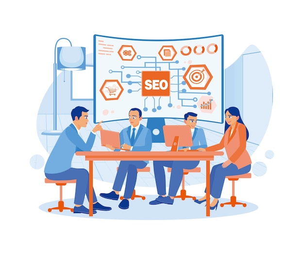 Vetor os líderes da empresa e a equipe de marketing estão se reunindo em uma sala de conferências sobre o conceito de seo.