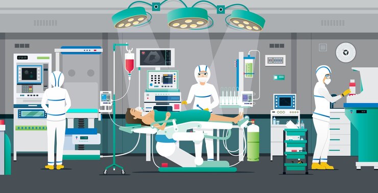 Vetor os médicos colocam kits de epi para tratar pacientes em câmaras de pressão negativa.