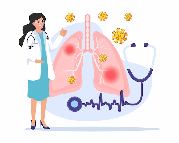 Vetor os médicos examinam os pulmões afetados pelo tratamento ou diagnóstico do câncer de pulmão por pneumonia