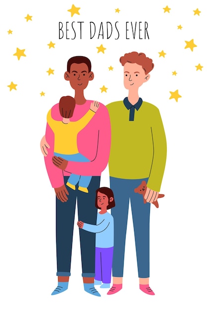 Os melhores pais de todos os tempos casal gay com seus filhos adotivos cartão de saudação do dia dos pais