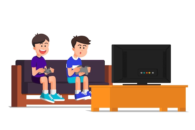 Os meninos estão jogando videogame juntos enquanto estão sentados no sofá