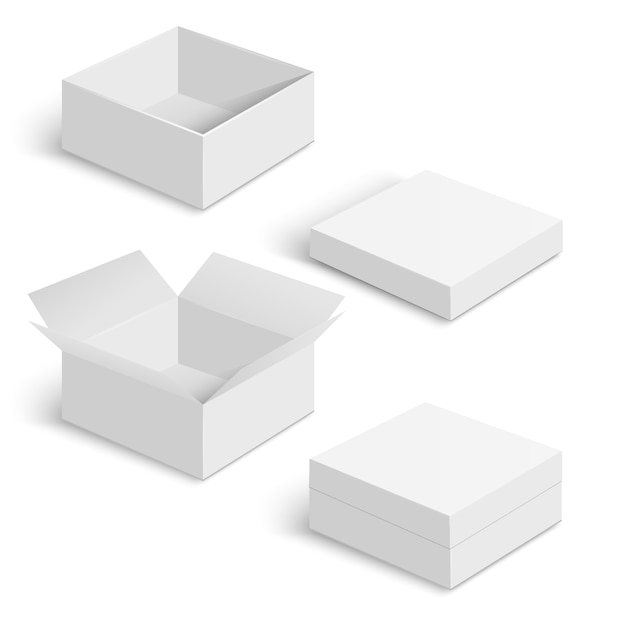 Os moldes brancos da caixa quadrada ajustaram-se isolado no fundo branco. Recipiente de papel para o produto