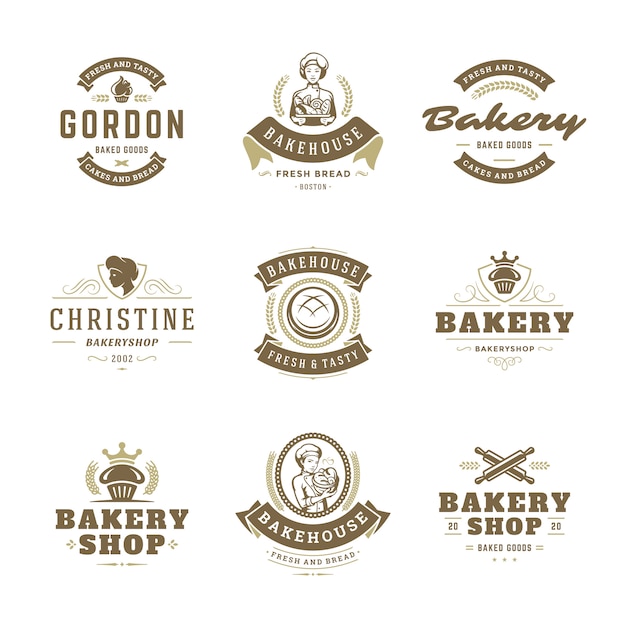 Os moldes do projeto dos logotipos e dos emblemas da padaria ajustaram a ilustração do vetor.