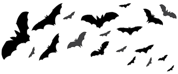 Os morcegos estão voando vector conjunto de morcegos vampiros isolado no fundo branco halloween assustador animais assustadores no divisor de caminho horizontal do céu