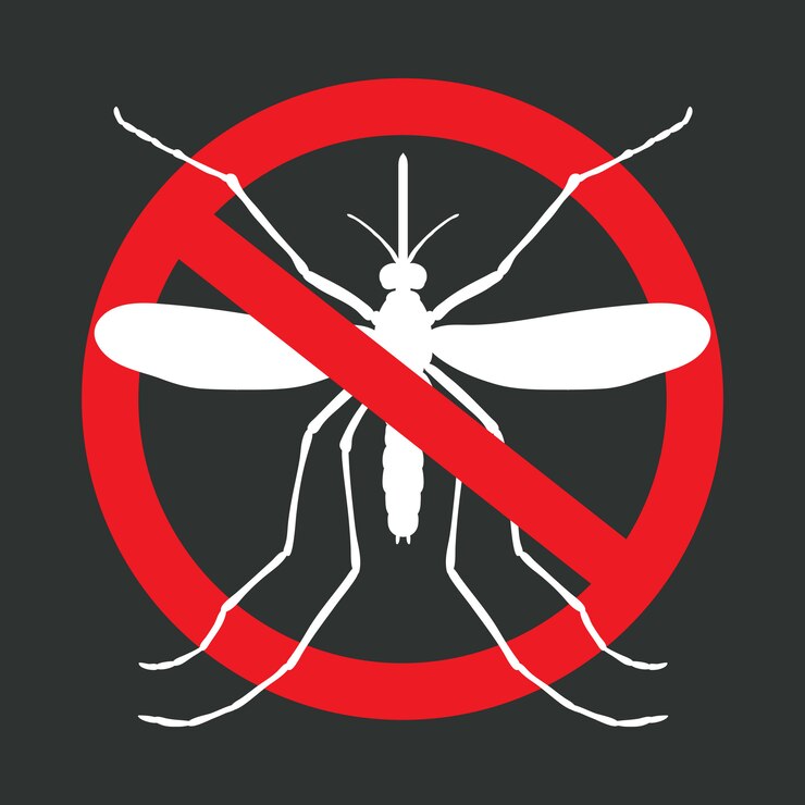 Vetor os mosquitos param sinal - imagem vetorial de engraçado de um mosquito em um círculo vermelho riscado