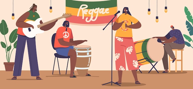 Os músicos de reggae no palco exalam energia vibrante com seus movimentos rítmicos e vocais soulful cativando o público com os grooves icônicos e vibrações positivas ilustração vetorial de cartoon people