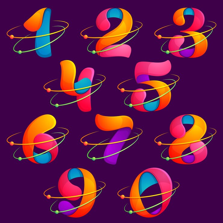 Os números definem logotipos com órbitas de átomos. design para banner, apresentação, página da web, cartão, etiquetas ou cartazes.