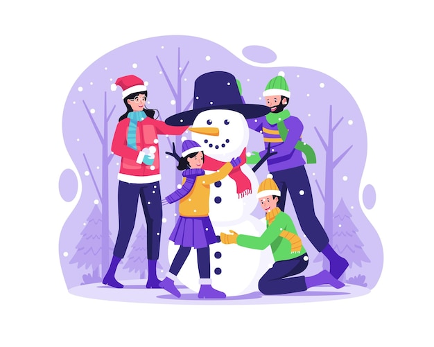 Os pais da família feliz e seus filhos estão construindo uma ilustração ao ar livre de boneco de neve