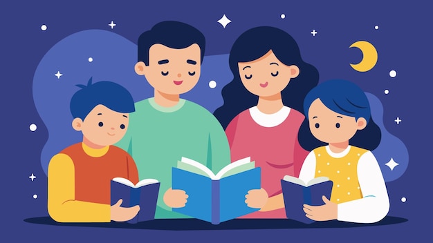 Vetor os pais leem histórias religiosas aos seus filhos pequenos à hora de dormir, incutindo valores morais e