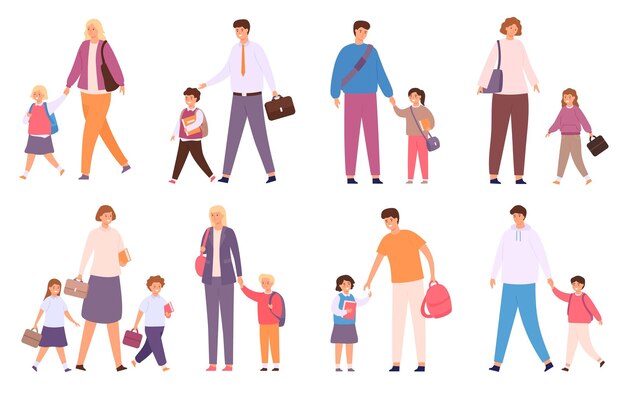 Os pais levam os filhos para a escola. Multidão de alunos felizes caminham com a família. Mãe, pai e filhos com sacos voltam para o conjunto de vetores de escola. Adultos de mãos dadas com alunos e alunas