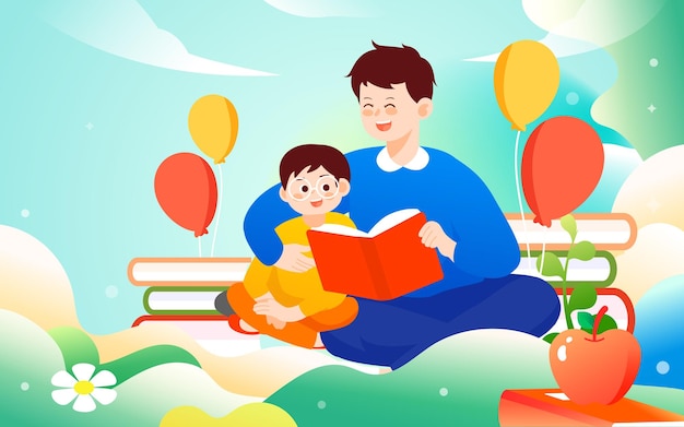 Os pais orientam seus filhos a ler e estudar, o pano de fundo são vários livros e plantas, vetor