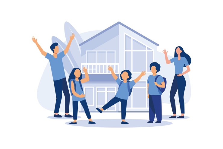 Vetor os pais se alegram com seus filhos ao lado de uma ilustração de design moderno e plana de uma nova casa