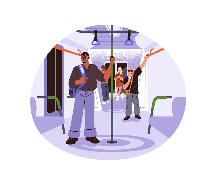Vetor os passageiros estão dentro do vagão do metrô as pessoas estão no corredor do vagão subterrâneo e seguram o corrimão os passageiros viajam em transporte público de metrô e ferroviário ilustração vetorial isolada plana em branco