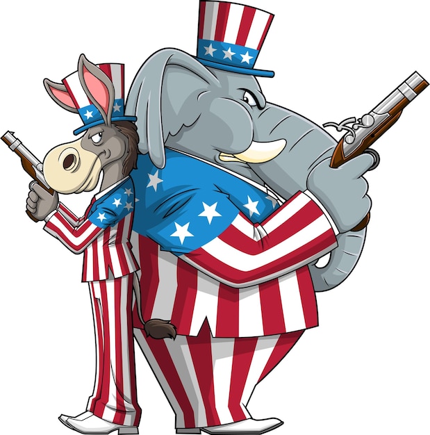 Vetor os personagens de desenhos animados democrat donkey vs. republican elephant seguram pistolas em um duelo