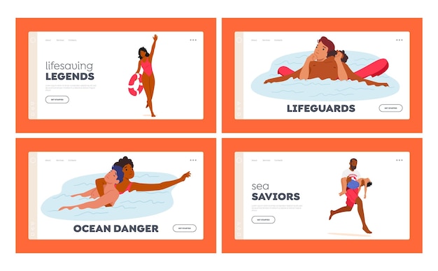 Os personagens do conjunto de modelos de página de destino dos salva-vidas na praia são vigilantes treinados e responsáveis por garantir a segurança