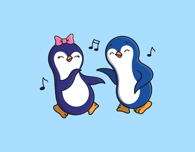 Os pinguins, menino e menina, estão dançando e ouvindo música.