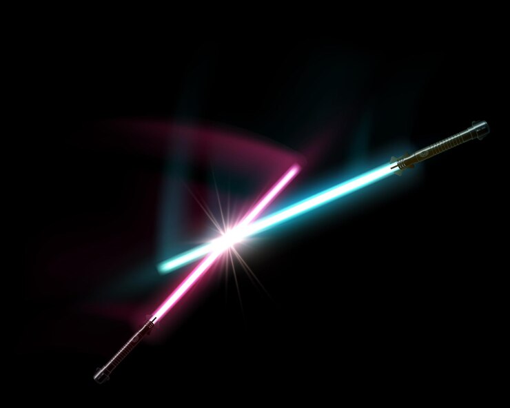 Vetor os sabres de luz vermelhos e azuis cruzados são um símbolo de duelo e confronto duelo com espadas a laser ilustração realista em fundo escuro