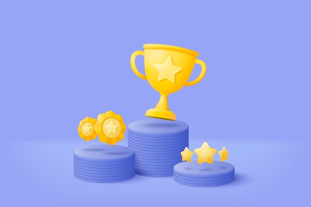Os vencedores 3D mínimos com taça de ouro vencedores de ouro estrelas no fundo do pódio Cerimônia de premiação primeiro e segundo e terceiro conceito no pódio 3D vetor renderizado isolado em fundo azul pastel