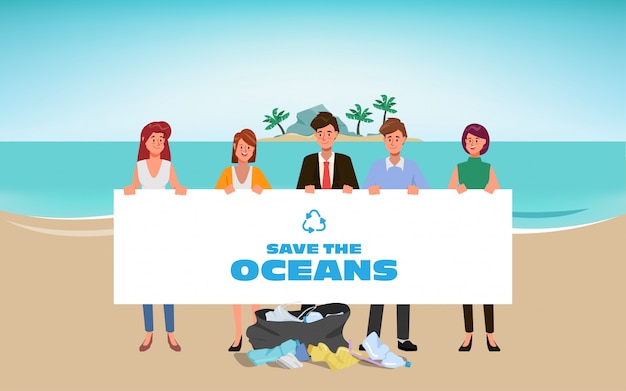 Vetor os voluntários salvam os oceanos da poluição plástica. desperdício na praia. stop plastic