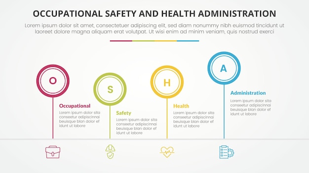 Osha o conceito de infográfico do modelo de administração de segurança e saúde ocupacional para apresentação de slides com linha do tempo do círculo de contorno para cima e para baixo lista de 4 pontos com vetor de estilo plano