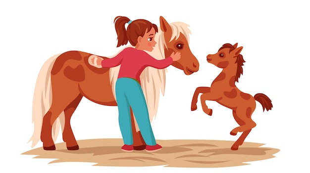 Osnovnygirl cuidando de um pónei escovando-o bebê pónei salta nearbye RGB