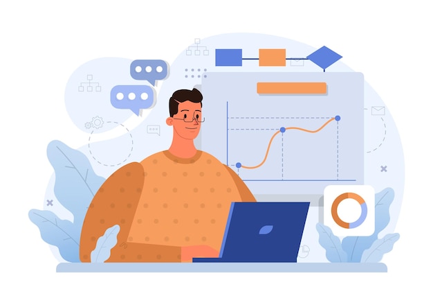 Otimização de processos de negócios empregado produtivo analisando dados de marketing e gestão