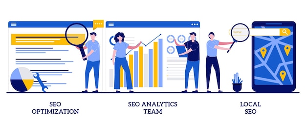 Otimização de seo, equipe de análise de seo, conceito de seo local com pessoas minúsculas. conjunto de ilustração abstrata do page rank dos motores de busca. palavra-chave e link building, promoção na internet, metáfora de visibilidade.