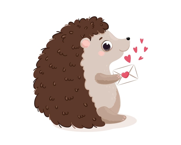 Ouriço fofo tem uma carta de amor nas patas para o dia dos namorados. ilustração em vetor de um desenho animado.