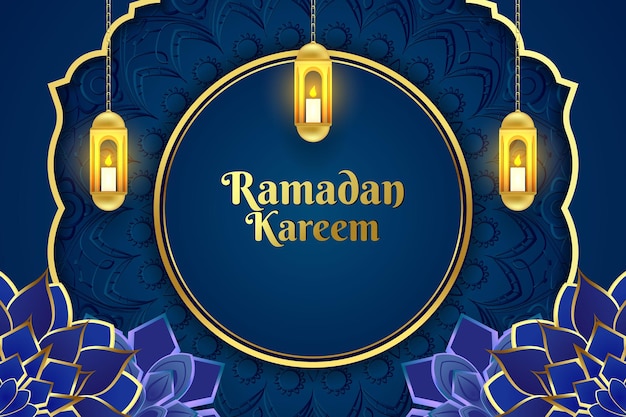 Ouro de fundo de Ramadan Kareem e cor azul com flor de ornamento
