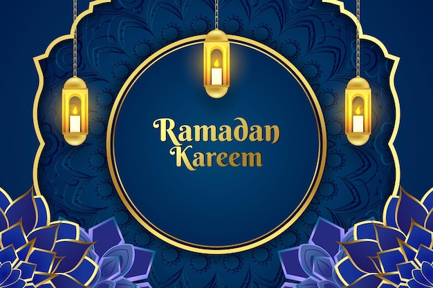 Ouro de fundo de ramadan kareem e cor azul com flor de ornamento