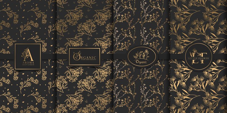 Ouro de luxo e design floral preto padrão.