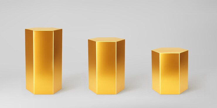 Vetor ouro pódio de hexágono 3d definido com perspectiva isolada em fundo cinza. maquete do pódio do produto em forma de hexágono, coluna, palcos vazios de museu ou pedestal. ilustração em vetor forma geométrica básica 3d.