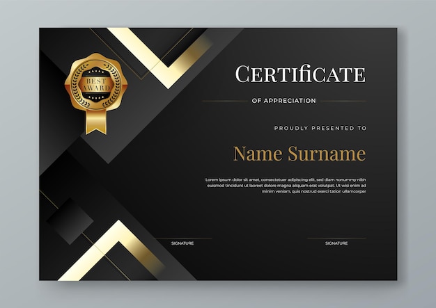 Ouro preto e branco vetor moderno certificado de luxo projeto de modelo corporativo Para apreciação prêmios de realização modelo de diploma de competição de educação