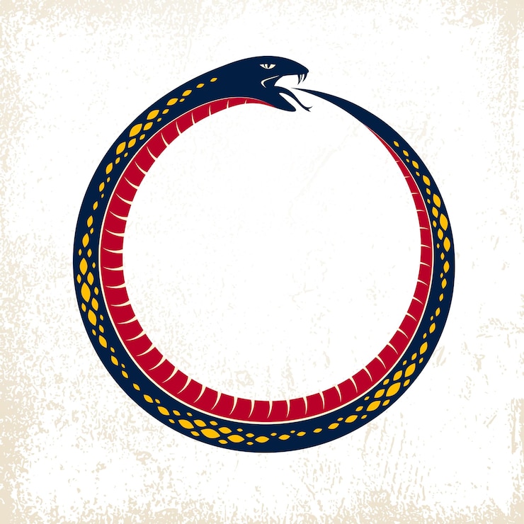 Vetor ouroboros cobra em forma de círculo, ciclo infinito de vida e morte, ilustração em vetor antigo símbolo uroboros, serpente comendo seu próprio conto, logotipo, emblema ou tatuagem.