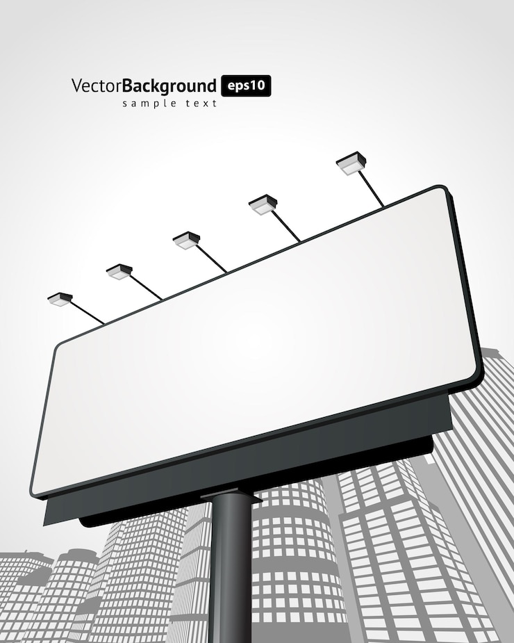 Vetor outdoor de publicidade de rua com lanternas de luz de fundo vector banner placa de metal preto em suporte de tubo grosso para promoção de vídeo e comercial
