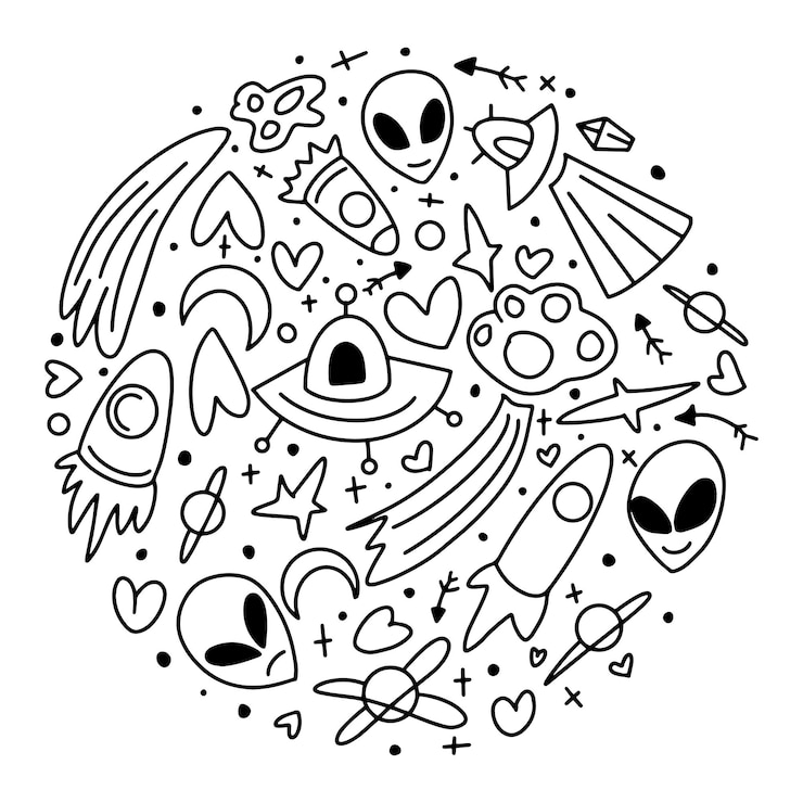 Vetor outer space sketch doodle set space doodle elementos ufo em um fundo isolado