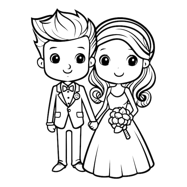Outline de página de colorir de desenho animado de noiva e noivo para livro de colorir