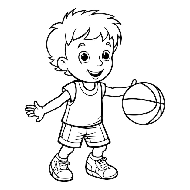 Outline de uma página de colorir de um menino jogando basquete livro de colorir