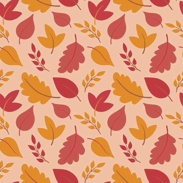 Outono bonito sem costura de fundo com folhas coloridas caindo. Cenário de folhagem de vetor em estilo simples mão desenhada para design de outono, ação de Graças.