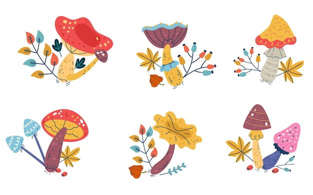 Vetor outono cartoon cogumelo floresta bonito desenho isolado conjunto plano design gráfico ilustração