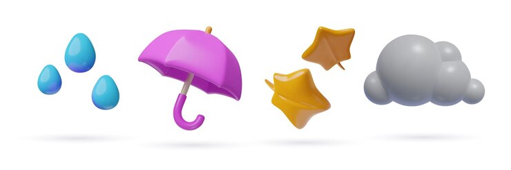 Vetor outono d ícones conjunto de desenhos animados plástico brilhante gotas de chuva aberto guarda-chuva bordo folhas vermelhas nuvem cinza