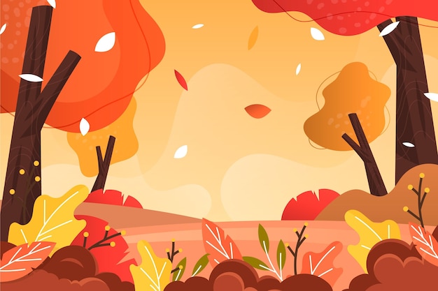 Vetor outono de design plano fundo com bela paisagem da floresta